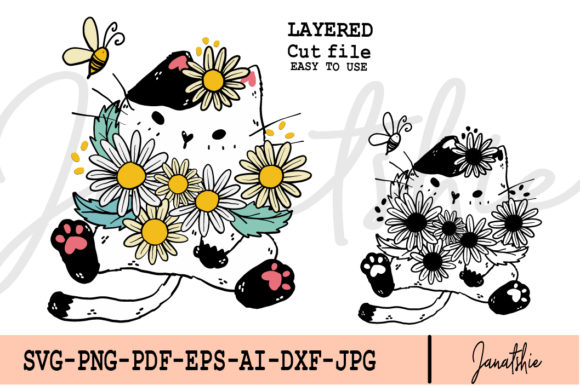 Cat Daisy Flowers and Bee Clip Art Graphics and Illustrations
