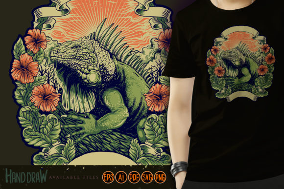 Green Iguana Huge Reptile Flowers Frame Graphics and Illustrations Review