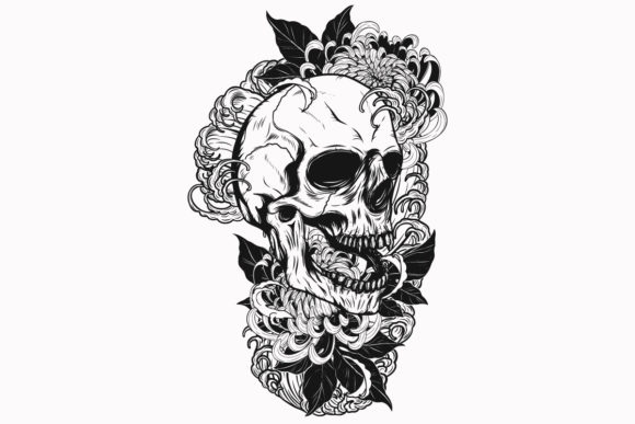 Hand Drawn Skull with Roses Tattoo Graphics and Illustrations Review